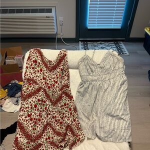 Divided Red and White Floral Dress & Japna Black and White Striped Romper